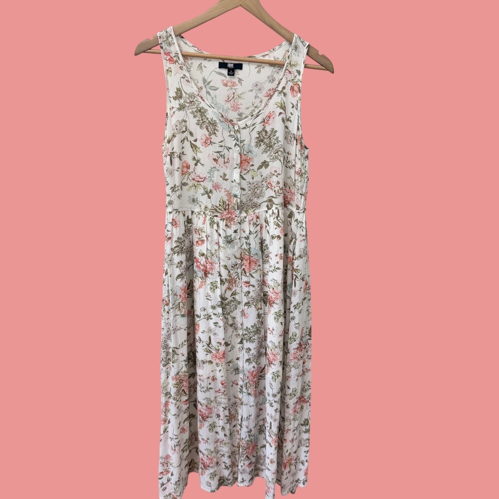 Frye Floral Button Front Midi Dress S Cream Pink Boho Sleeveless Pockets